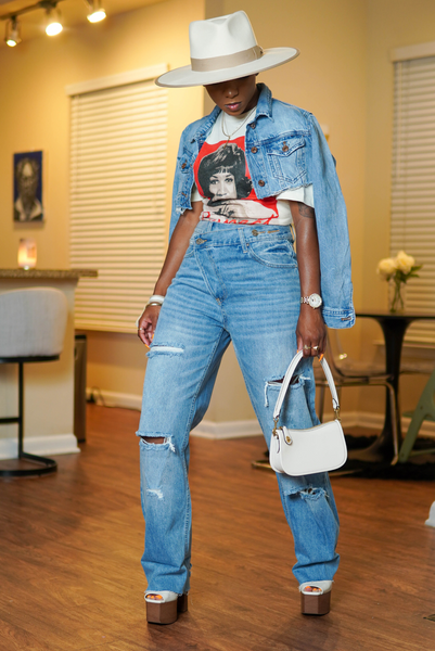 KAYA Two Tone High Waist Crossover Denim Jeans