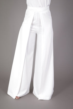 High Waist Wide Leg Pleated Palazzo Pant (Ivory)