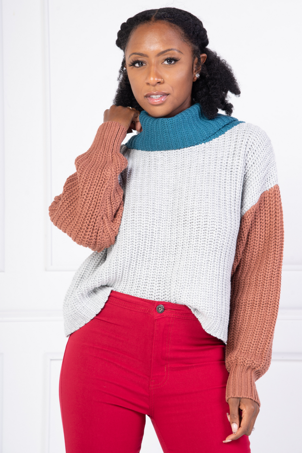 Color-Block Cowl Neck Sweater