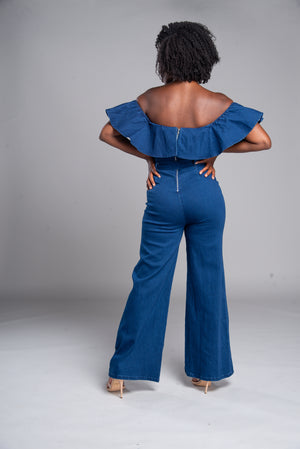 Off The Shoulder Wide Leg Denim Jumpsuit