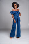 Off The Shoulder Wide Leg Denim Jumpsuit
