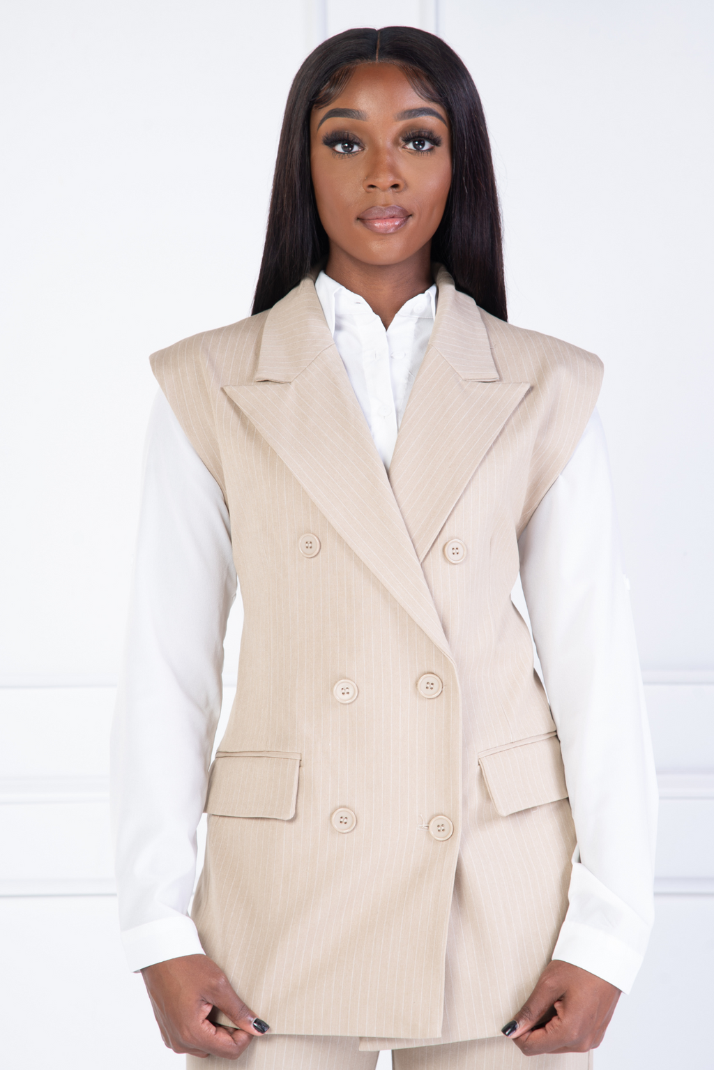 Double Breasted Oversized Pinstripe Vest w/ Padded Shoulder (Tan)