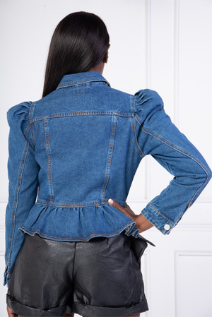 Peplum Puff Sleeve Denim Jacket
