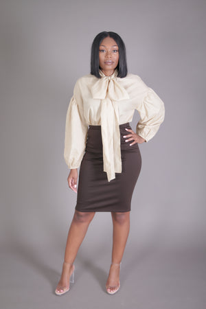 Drop Shoulder Balloon Sleeve Neck Tie Blouse (Taupe)