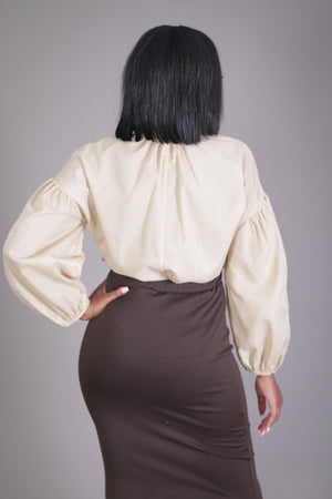 Drop Shoulder Balloon Sleeve Neck Tie Blouse (Taupe)