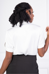 Satin Short Sleeve Neck Tie Blouse (White)
