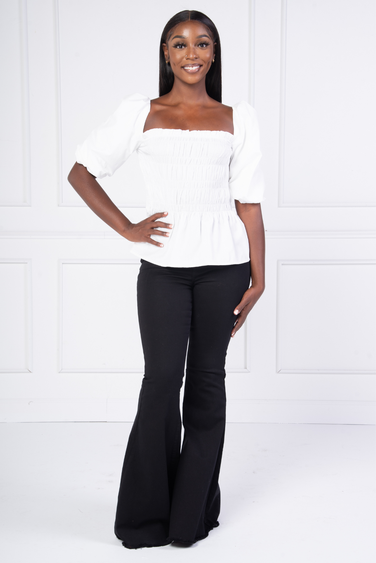Shirred Puff Sleeve Top (White) Kyra Danaya Shirred Puff Sleeve Top (White) Kyra Danaya