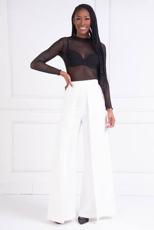 High Waist Wide Leg Pleated Palazzo Pant (Ivory)
